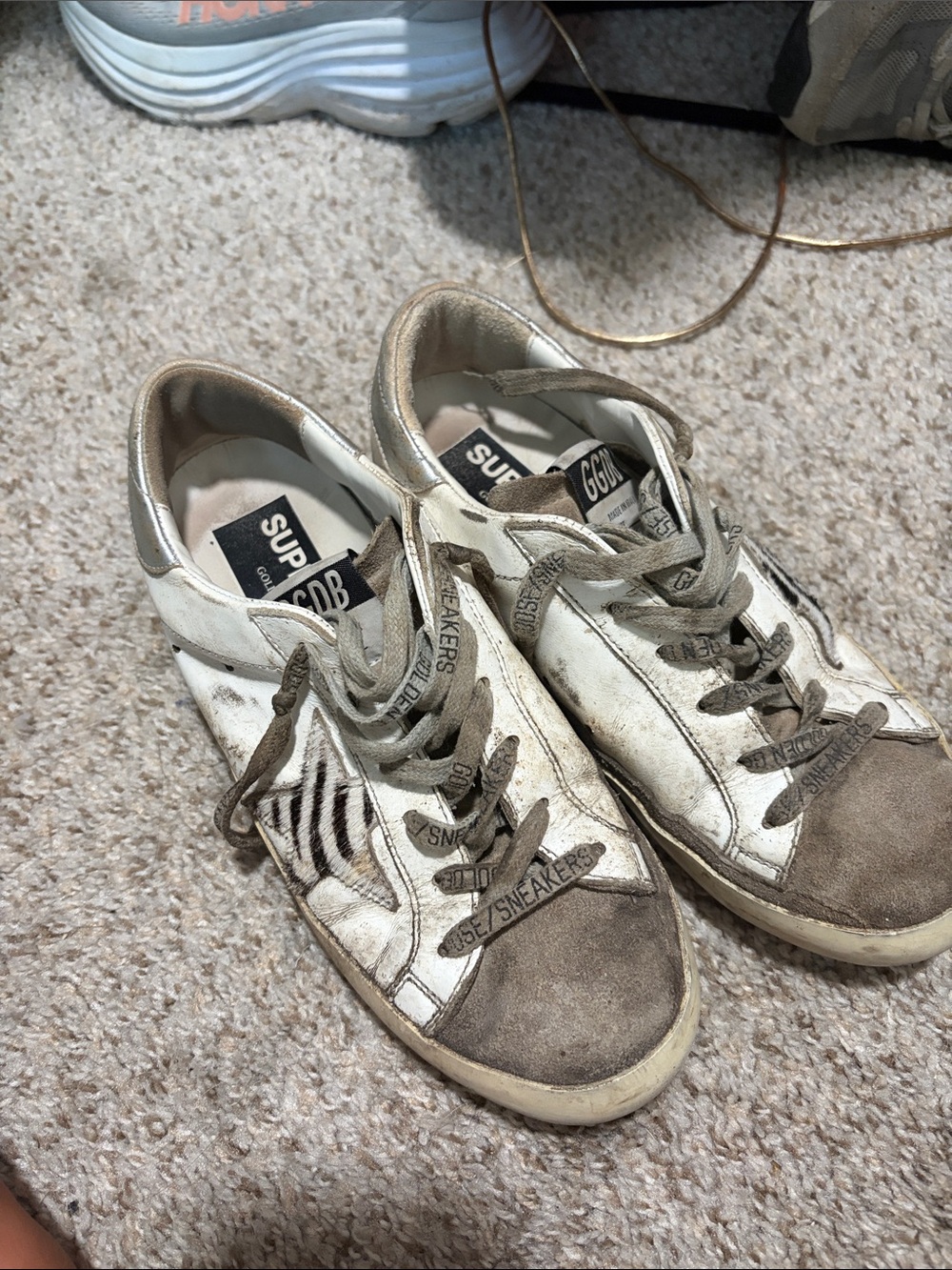 Golden Goose White and Tan Superstar Sneakers